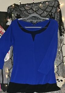 EUCCable & Gauge Cobalt Blue Blouse with Black Trim & Mesh Neckline Detail